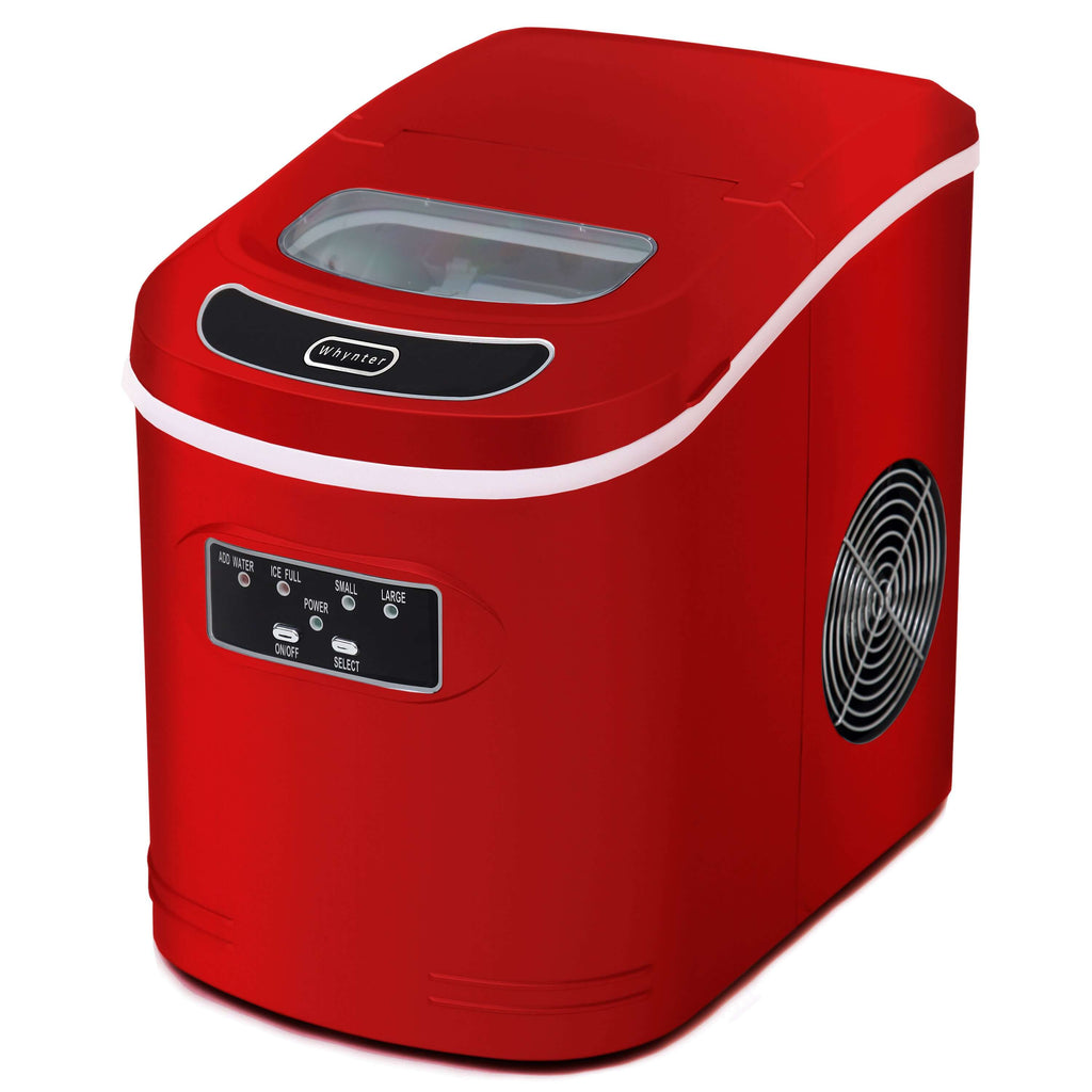 A red ice cream machine that produces up to 27 pounds of bullet-shaped ice cubes per day. No plumbing required.