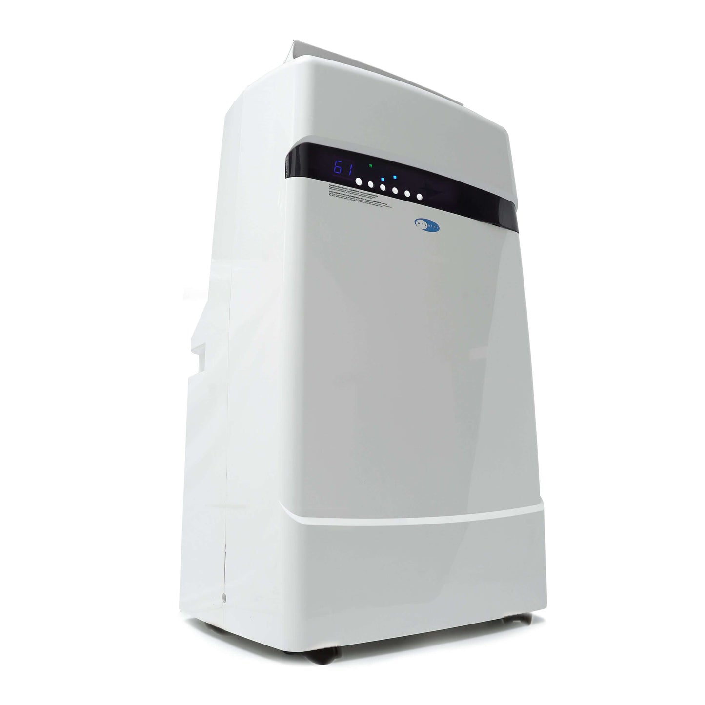 A white rectangular portable air conditioner with buttons and a black and blue display.