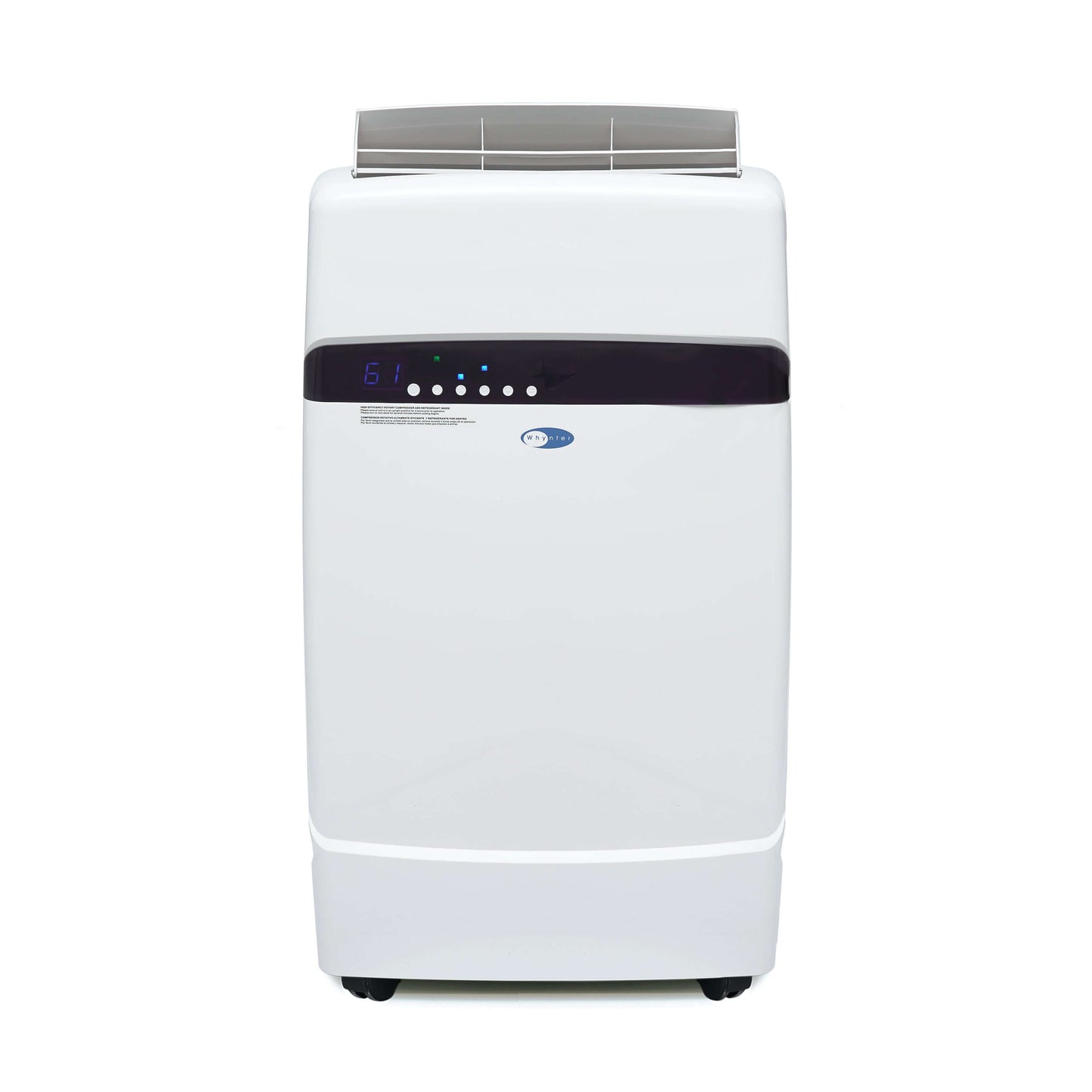 A white rectangular portable air conditioner with buttons and a vent.