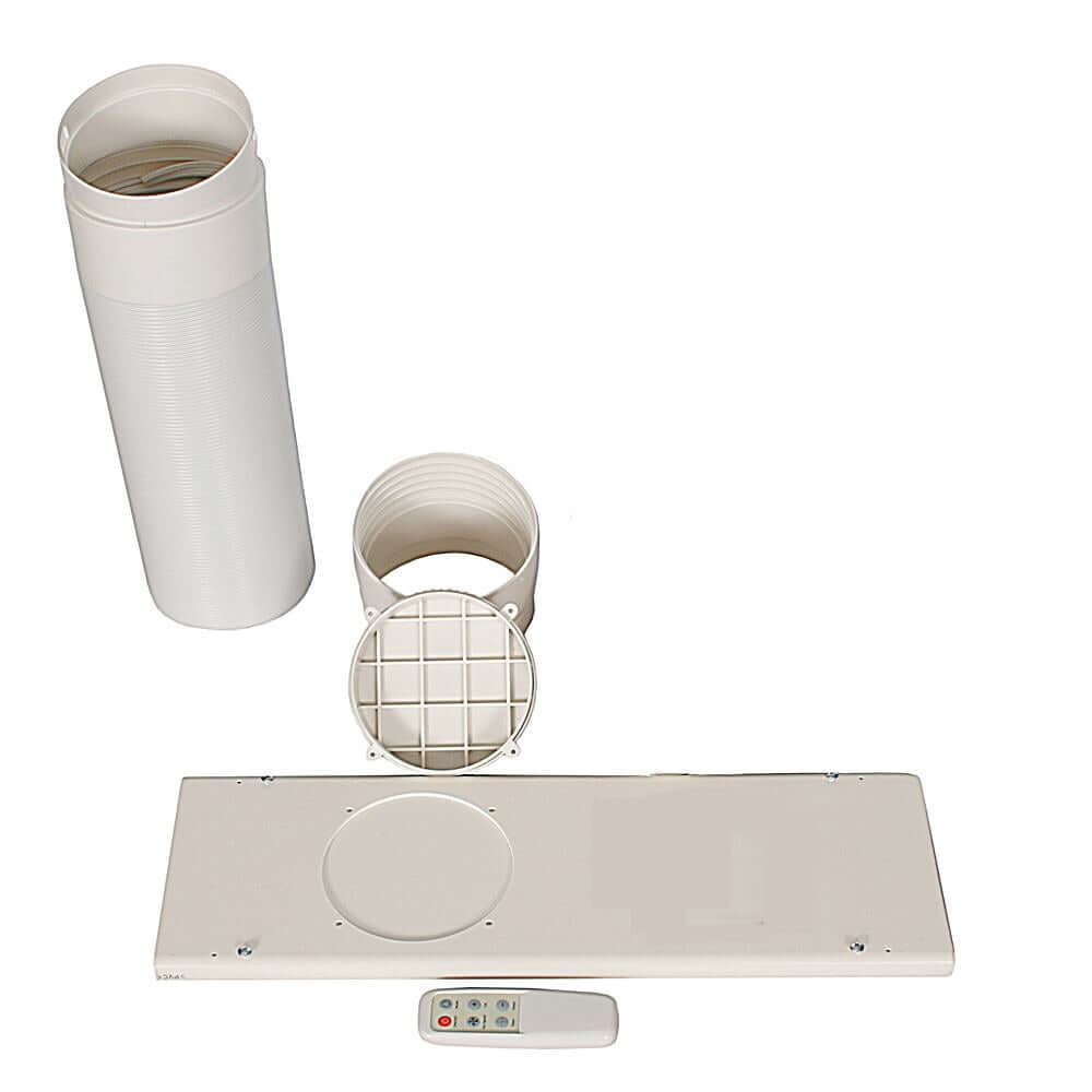 A white portable air conditioner with a remote control and activated carbon filter.