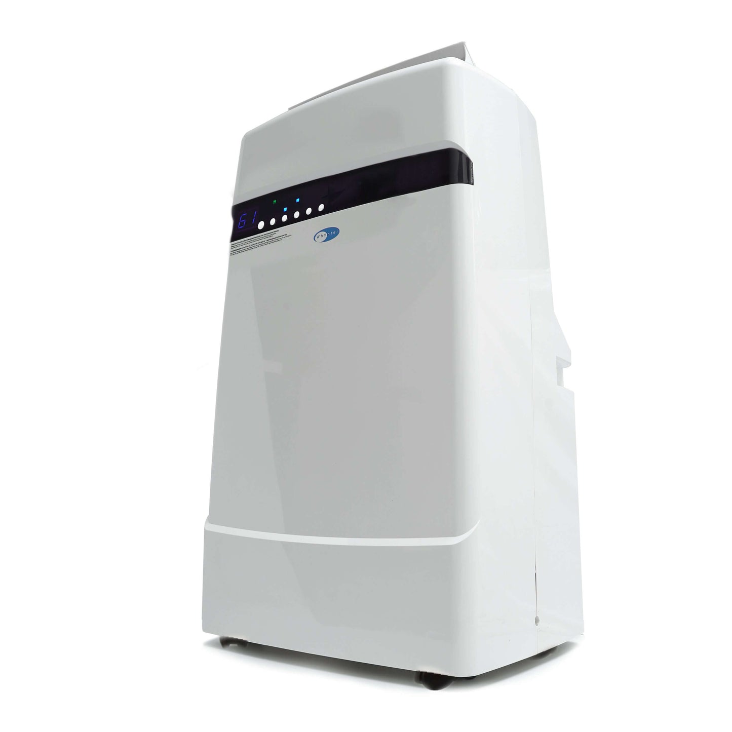 A white rectangular device with buttons and lights, a versatile 4-in-1 portable air conditioner and heater with activated carbon filter.