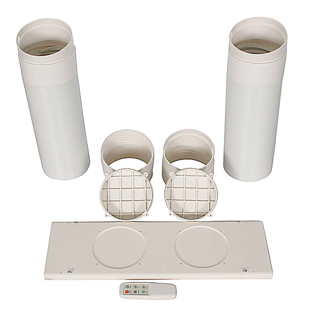 A white dual hose portable air conditioner and heater with activated carbon filter from Whynter.