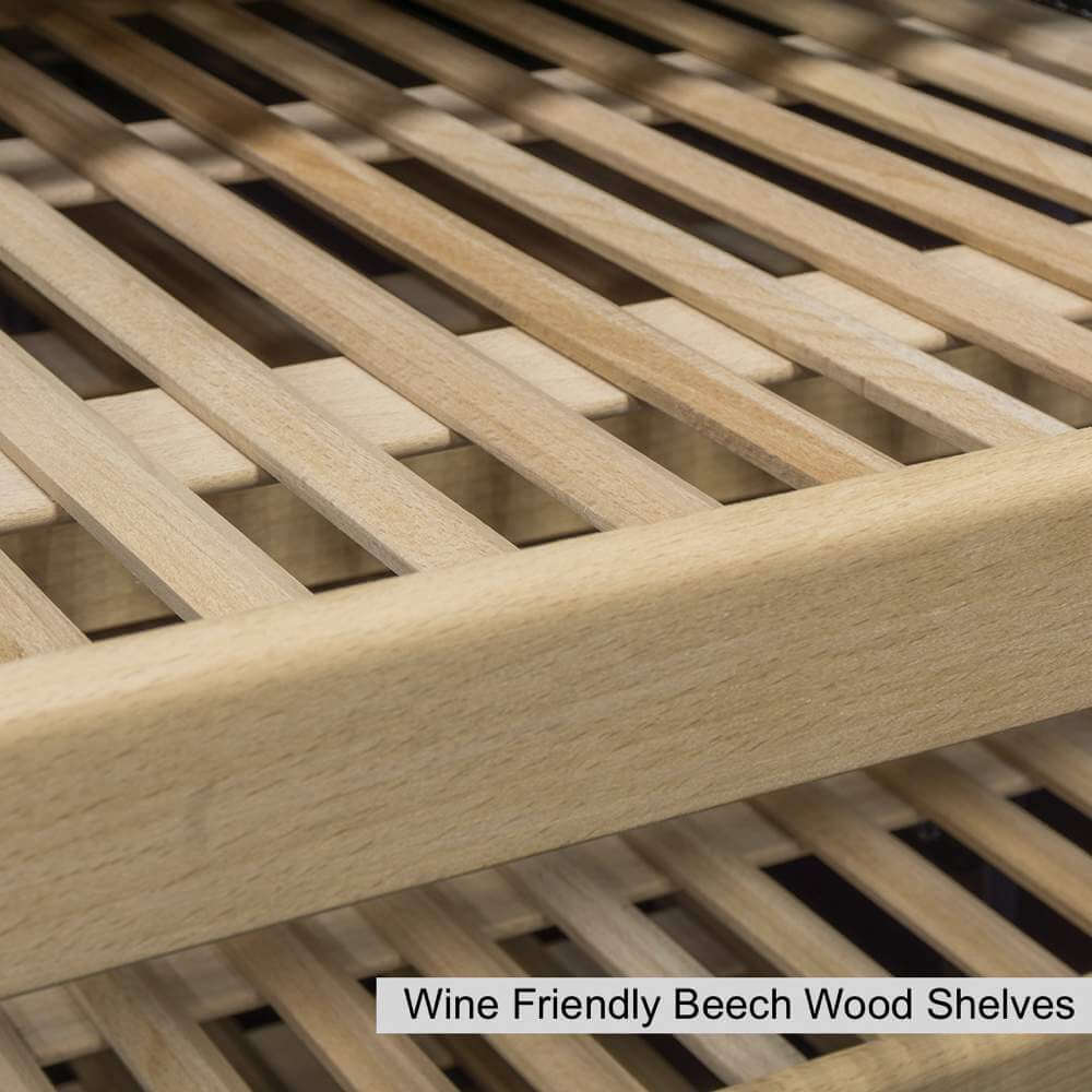 A close-up of a wood shelf in the Kings Bottle Tall Large Wine Refrigerator Glass Door With Stainless Steel.