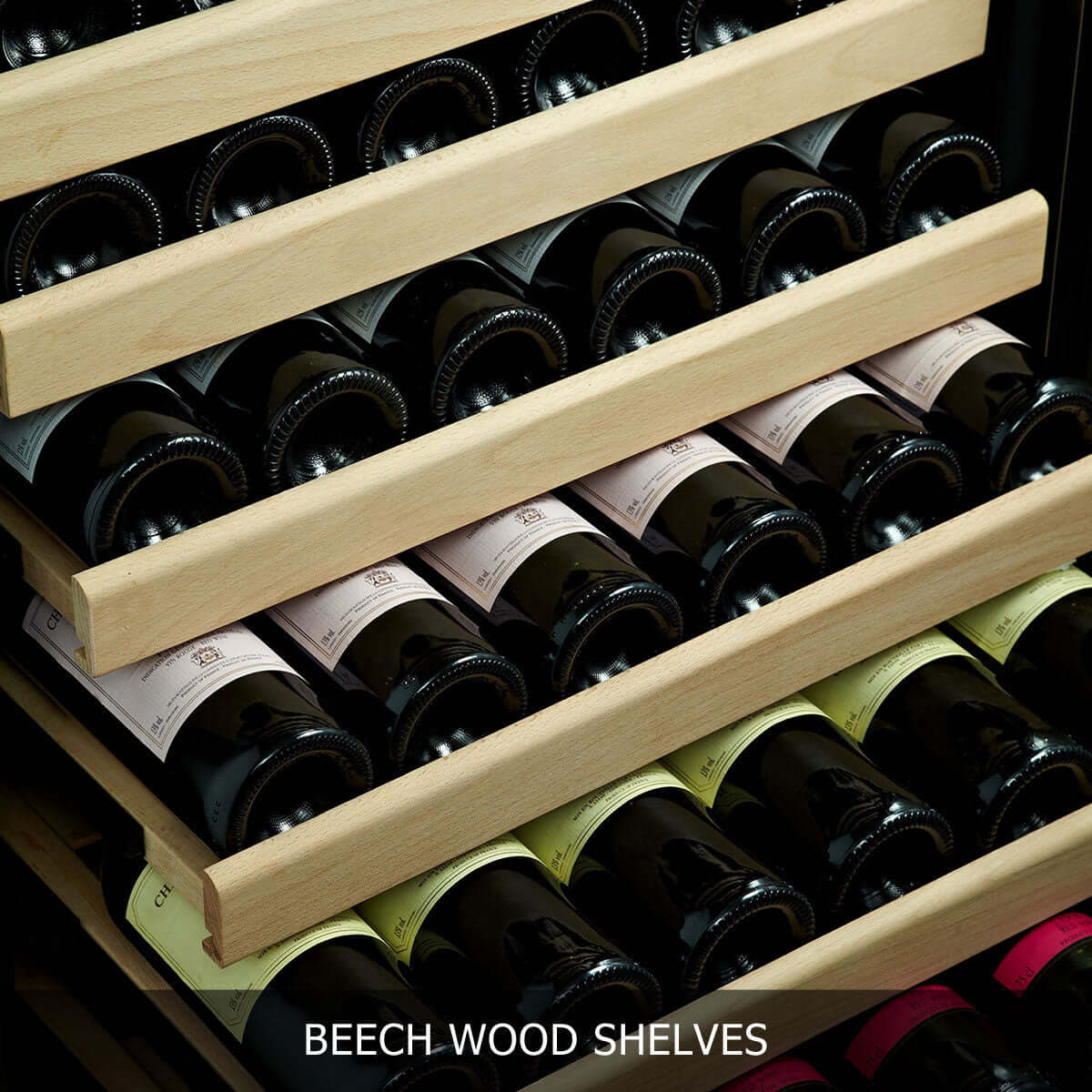 Kings Bottle Tall Large Wine Refrigerator With Glass Door: A shelf of wine bottles in a dual temperature wine cooler.