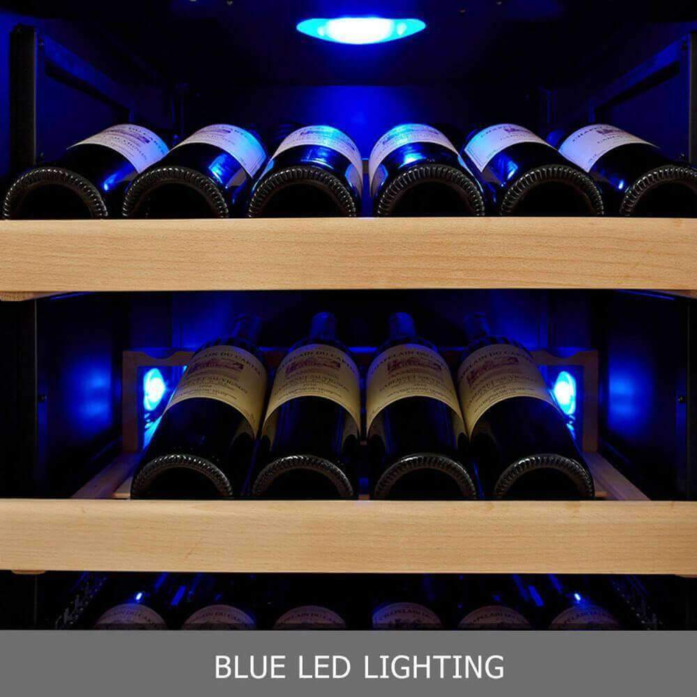 A tall wine cooler with dual temperature zones, holding 164 bottles. Features a sleek glass door and beech wood shelves.