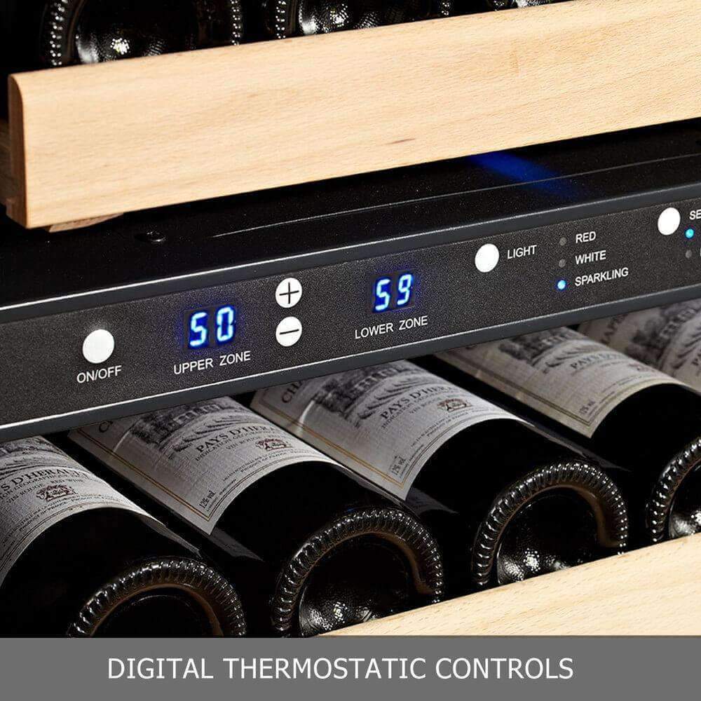 A digital thermostat control panel and bottles of wine in a Kings Bottle tall large wine refrigerator with glass door.