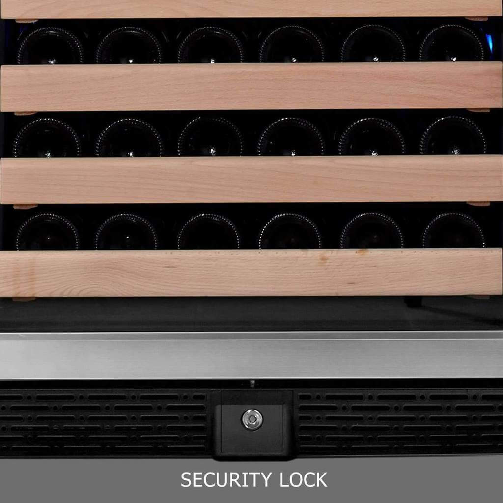 A wine rack filled with bottles of wine, featuring a black box with a round metal lock and a close-up of a screw.