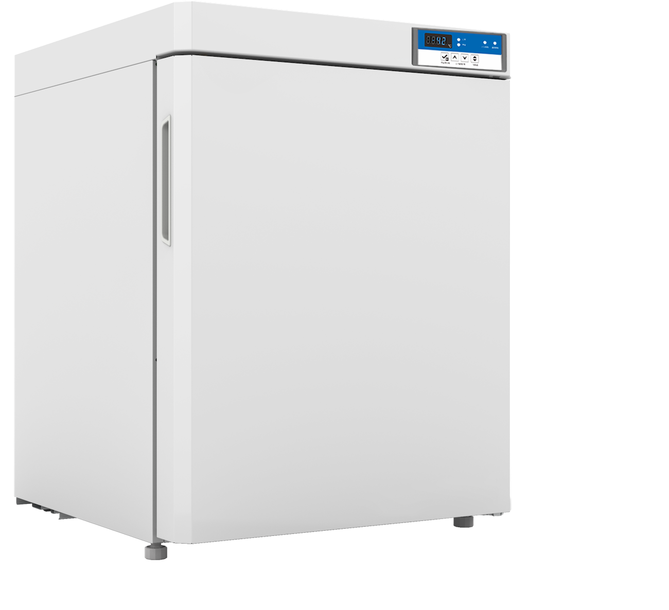 A white under counter medical freezer with a blue panel, handle, and digital temperature display. Suitable for laboratory and medical grade storage.