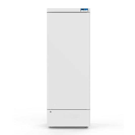 A white refrigerator with a blue button, designed for laboratory and medical grade storage of special materials, blood plasma, vaccine, and biological products.