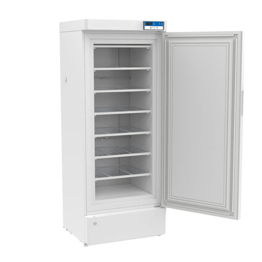 A white refrigerator with shelves and a door open, suitable for laboratory and medical grade storage of special materials, blood plasma, vaccine, and biological products.
