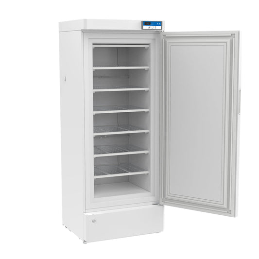 A white refrigerator with shelves and a door open, suitable for laboratory and medical grade storage of special materials, blood plasma, vaccines, and biological products.