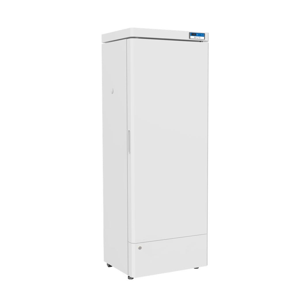 A white refrigerator with a blue label and handle, suitable for laboratory and medical grade storage of special materials, blood plasma, vaccines, and biological products.