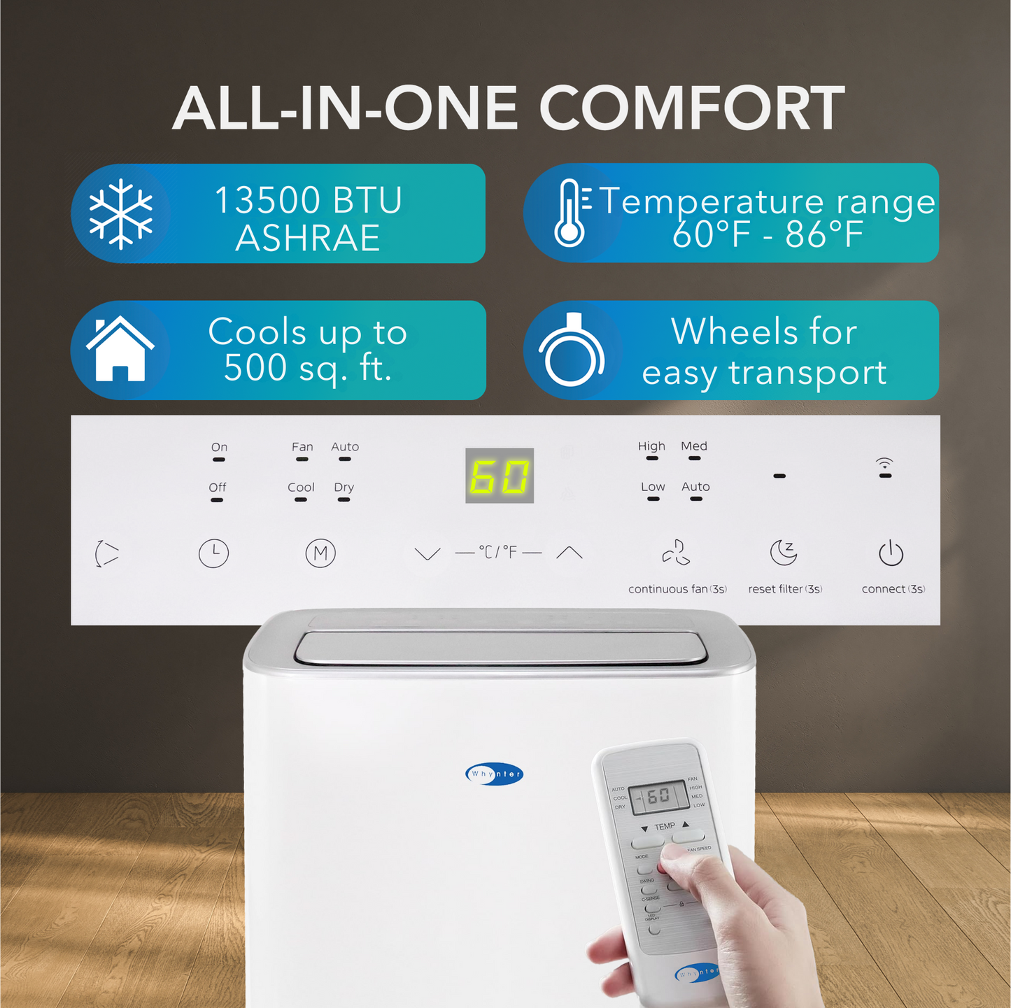 Whynter ARC-1050XP 13500 BTU (ASHRAE) 10000 BTU (SACC) MultiCool Smart Wi-Fi enabled Portable Air Conditioner with Built-in Dehumidifier