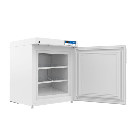 A white under counter medical freezer with an open door and 3 drawers for storage. Suitable for laboratory and medical grade use.