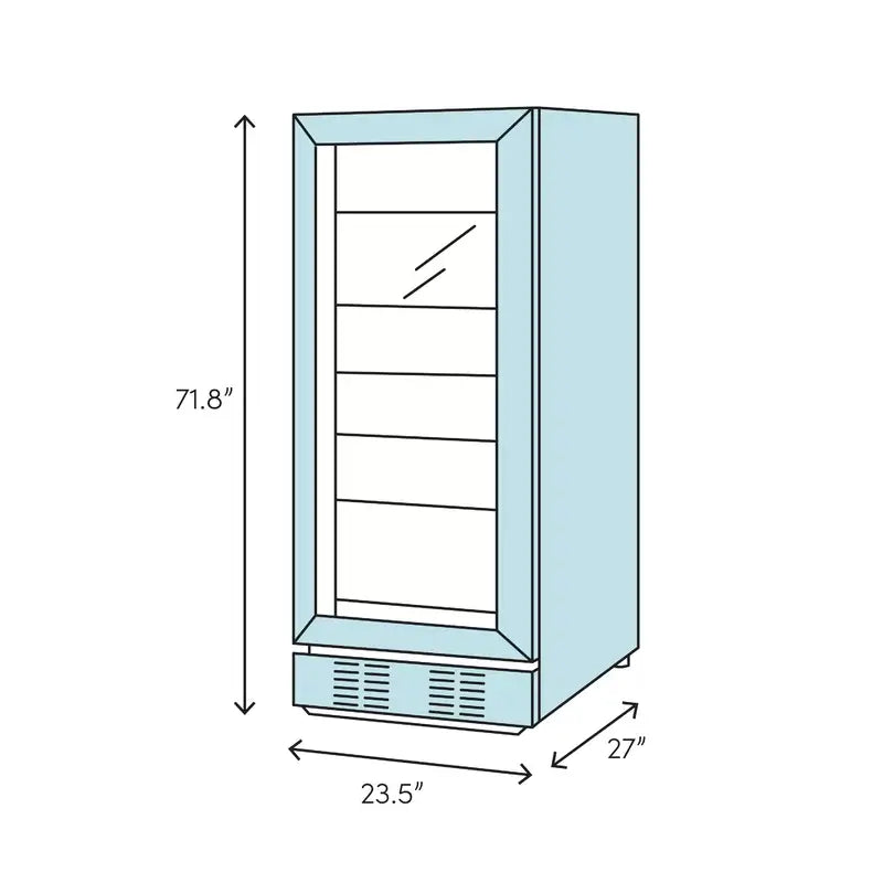 A blue refrigerator with dimensions, featuring a glass door and stainless steel trim, holds up to 625 cans.