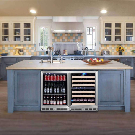 A kitchen with a large island featuring a Kings Bottle 48" Glass Door Wine & Beverage Fridge Triple Zone Center Built In, stocked with bottles of beer and other beverages.