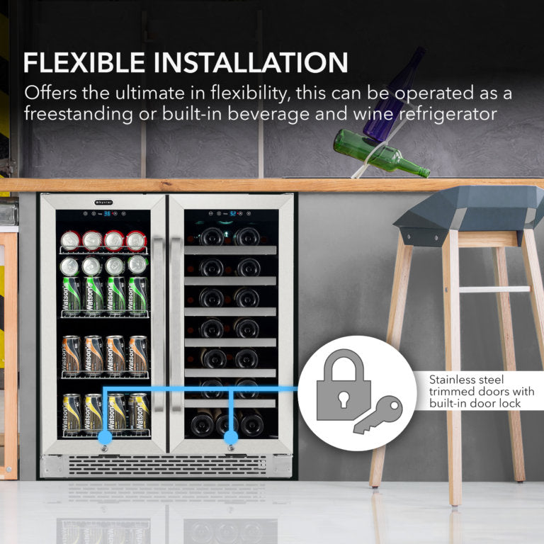 Whynter BWB-3388FDS/BWB-3388FDSa 30″ Built-In French Door Dual Zone 33 Bottle Wine Refrigerator 112 Can Beverage Center
