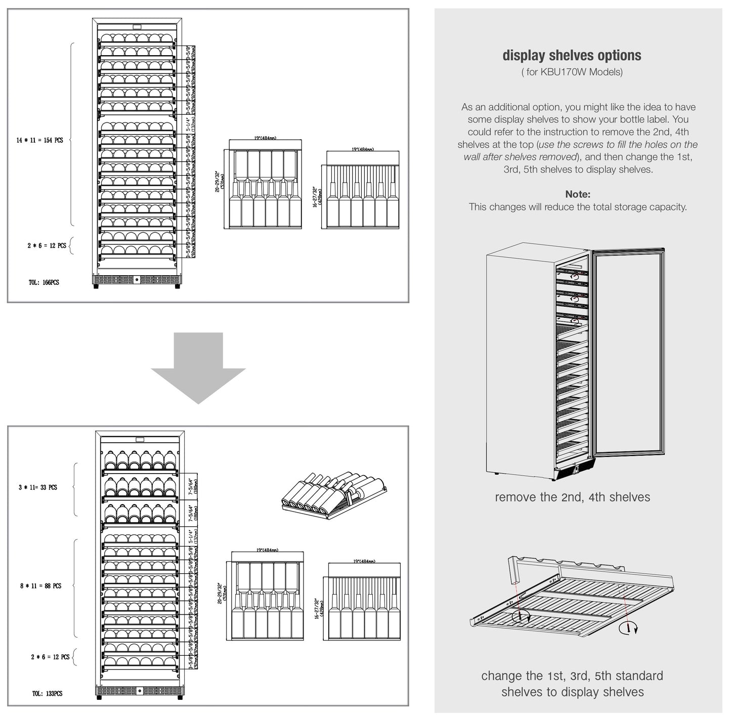 A diagram of a wine rack with several bottles on display shelves in a Kings Bottle tall large wine cooler refrigerator.