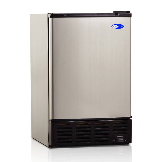 A silver and black refrigerator with a sleek stainless steel door and black cabinet, perfect for making 12 lbs of crescent-shaped ice in 24 hours. Stores up to 6 lbs of ice.