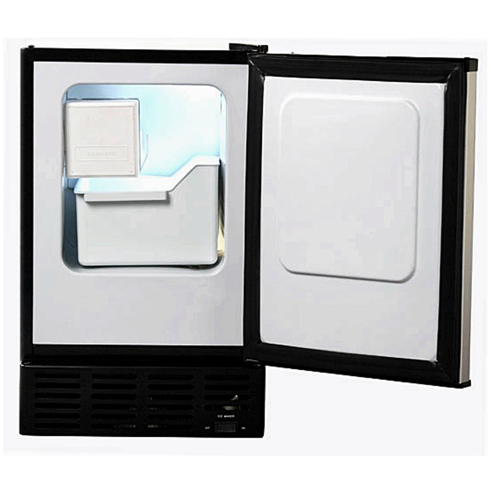 Whynter Stainless Steel Built-In Ice Maker with open freezer door, black and white refrigerator, and sleek design.