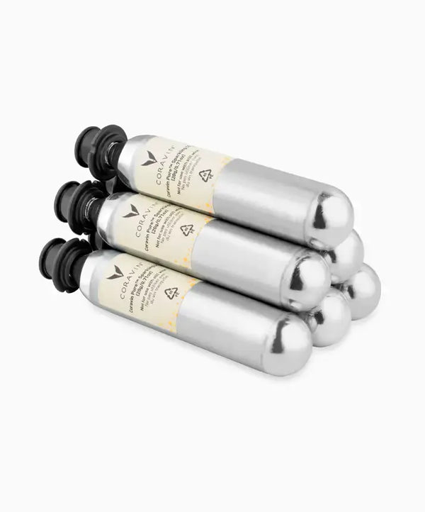 A group of silver cylinders with black caps, compatible with the Coravin Sparkling™ System, used to preserve the taste and effervescence of sparkling wine for up to 4 weeks.