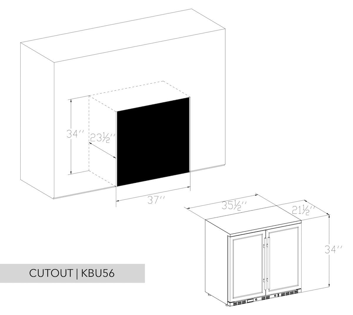 a drawing of a Kings Bottle 36" Heating Glass 2 Door Built In Beverage Fridge with a black square displaying white text