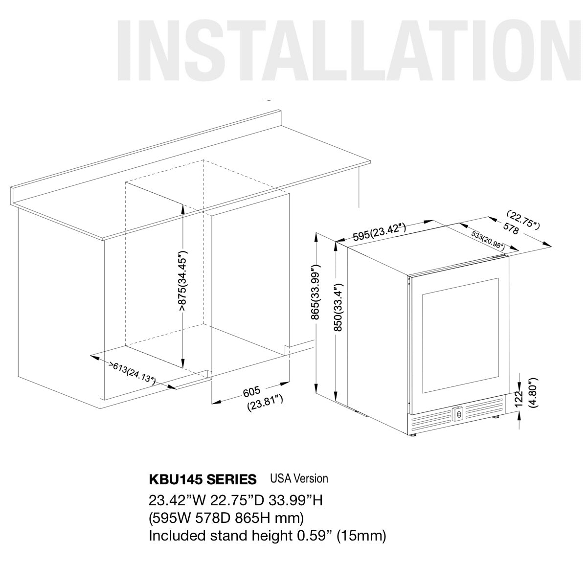 A diagram of a Kings Bottle 24" Under Counter LOW-E Glass Door Beer Fridge, featuring hidden hinges, front ventilation, and four chromed steel shelves.