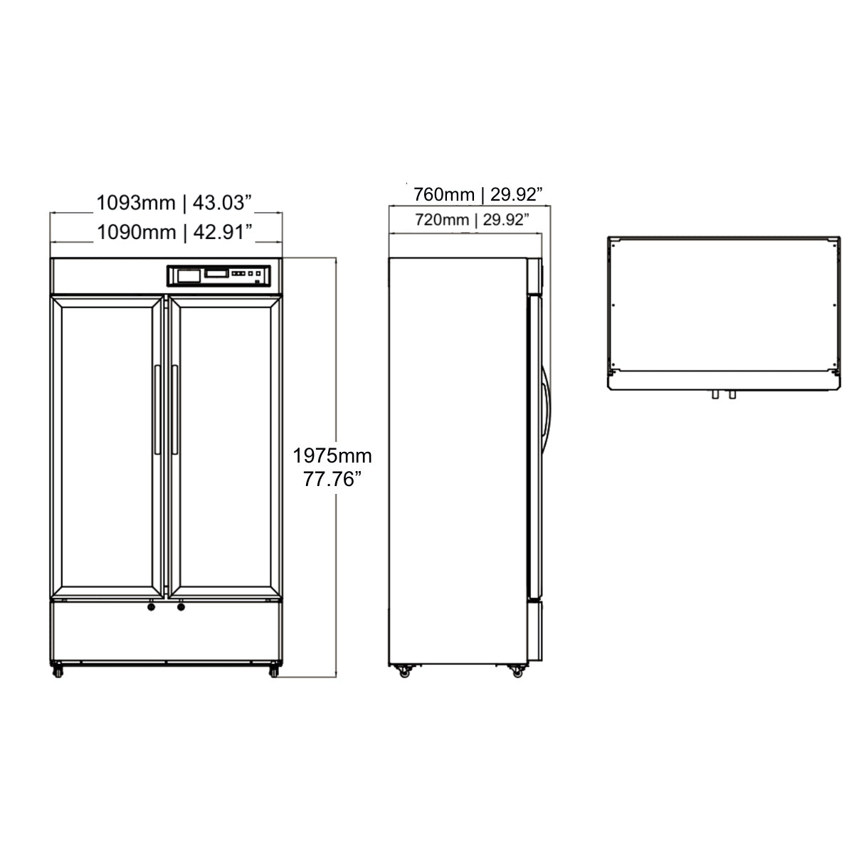A diagram of a Kings Bottle 2-Door Medical Fridge & Lab Refrigerator with adjustable shelves and high precision temperature control.