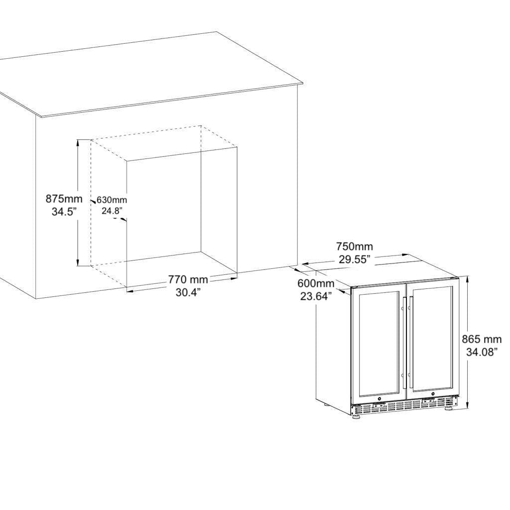 Alt text: "Drawing of Kings Bottle 30" Under Counter Low-E Glass Door Wine and Beer Cooler Combo with two compartments for wine and beer storage, adjustable temperature range, and various shelves and racks."