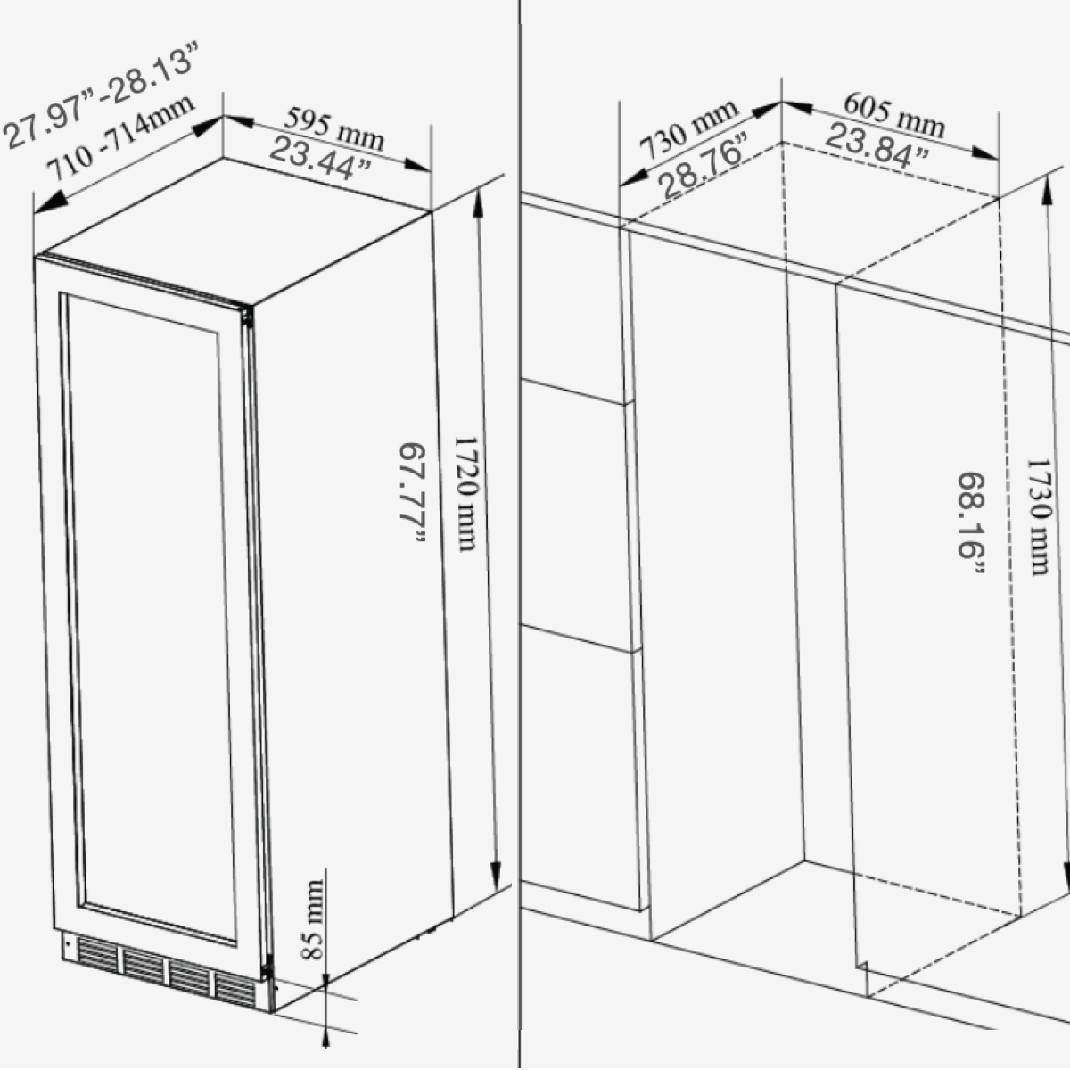 A drawing of a tall cabinet with a stainless steel frame, glass door, and stainless steel hanging rod, shelves, and salt tray.