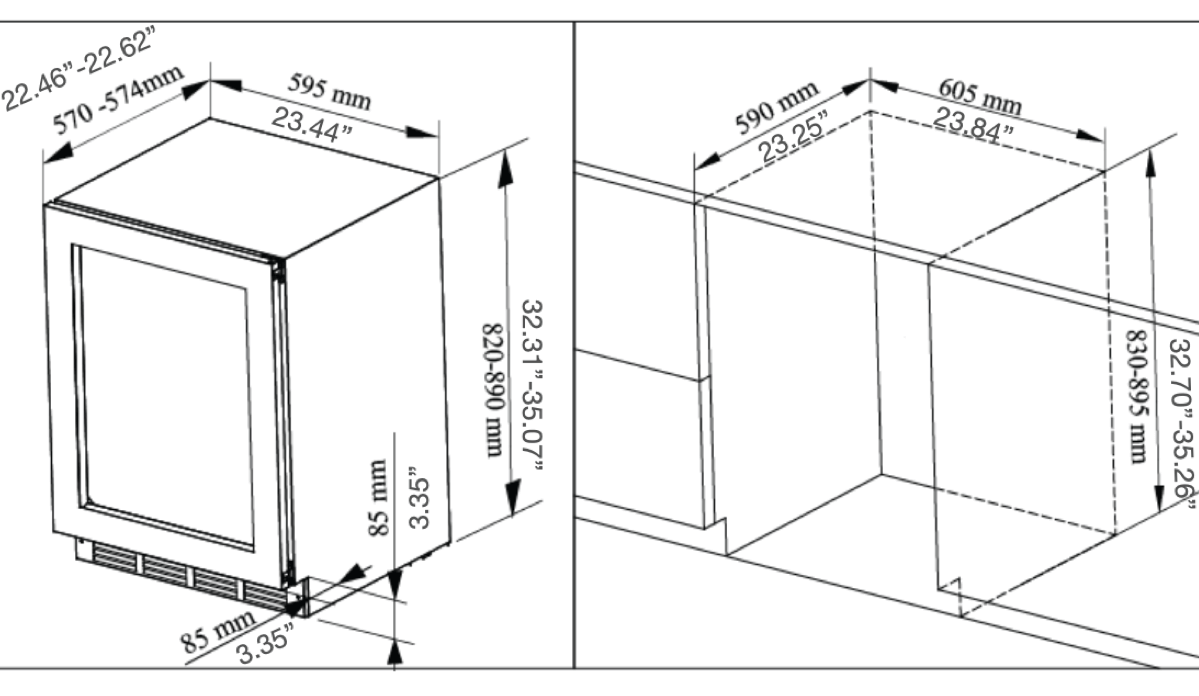 A drawing of a Kings Bottle 24" Single Zone Under Counter Steak Ager Refrigerator with a stainless steel frame and glass door.