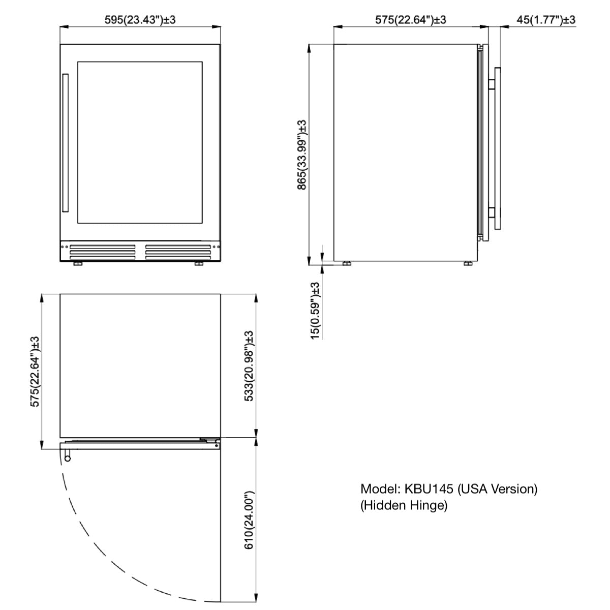 A diagram of a Kings Bottle 24" Under Counter LOW-E Glass Door Beer Fridge with hidden hinges and front ventilation.