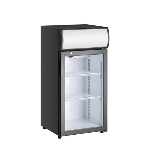 A black refrigerator with glass door, ideal for small businesses and convenience stores.