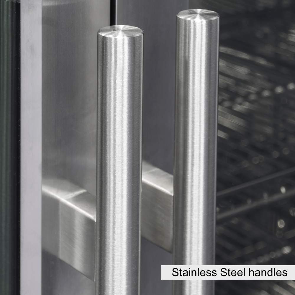 A stainless steel beverage refrigerator with glass doors, featuring a close-up of silver cylinders and metal bars.