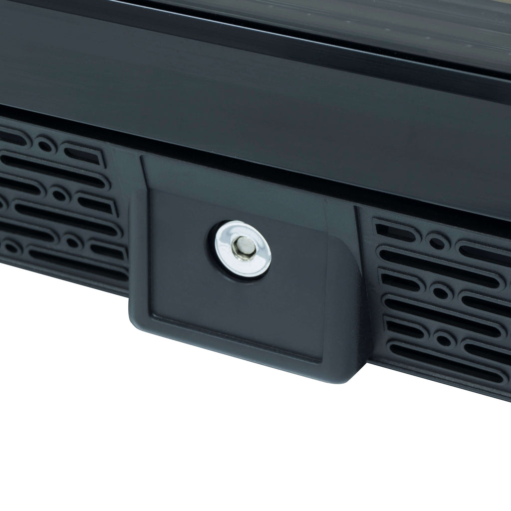 A close-up of a black beverage refrigerator with a glass door and stainless steel trim.