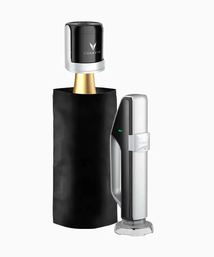 A black bottle with a silver cover, part of the Coravin Sparkling Wine Preservation System™.