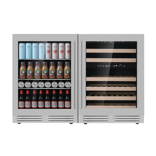 A sleek and efficient under counter wine and beer combo with a stainless-steel exterior and Low-E glass door. It has storage for 46 wine bottles and 161 beer cans/bottles, soft LED lighting, and quiet operation. Perfect for wine enthusiasts and beer lovers.