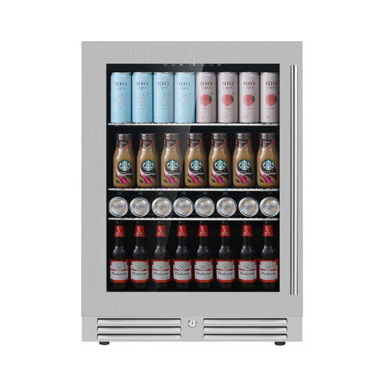 A 24" wide beer fridge with Low-E glass door, chromed steel shelves, and a capacity of 161 cans of beer or other beverages.