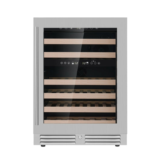 A 24" under-counter dual zone wine cooler with glass doors and wood shelves, holding up to 46 bottles. Energy-efficient with a sleek design, perfect for kitchen cabinetry or home bars. Order the Kings Bottle wine cooler today.
