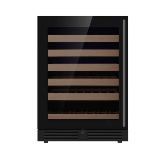 A black wine cooler with a glass door, 46-bottle capacity, and beech wooden shelves.