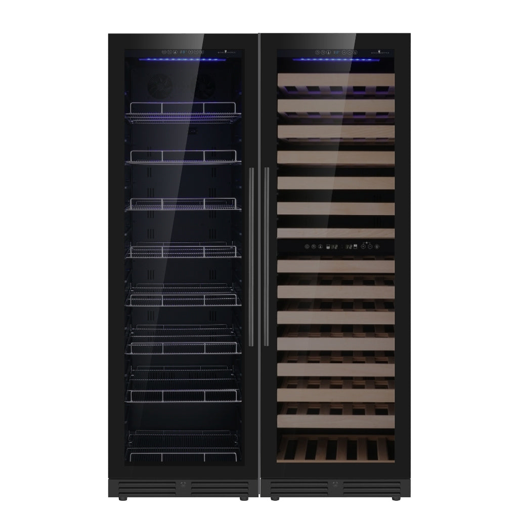 A black wine cooler and bar refrigerator combo with glass doors, 3 temperature zones, and 23.42"W x 27.36"D x 70.86"H dimensions.