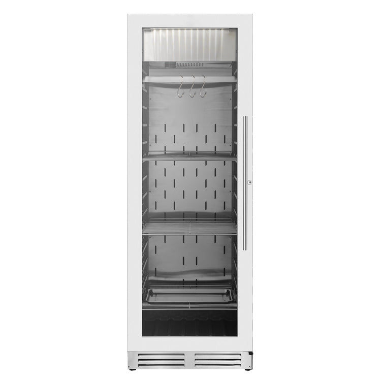 A white refrigerator with glass doors, designed for steak dry-aging. Precise temperature and humidity control for perfect aging and flavor.