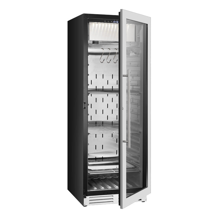 A black and silver refrigerator with glass doors, perfect for dry-aging steaks. Precise temperature and humidity control for optimal flavor.