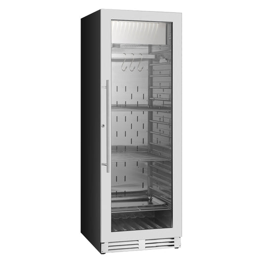 A large refrigerator with glass doors, perfect for dry-aging steaks. Precise temperature and humidity control for optimal flavor.