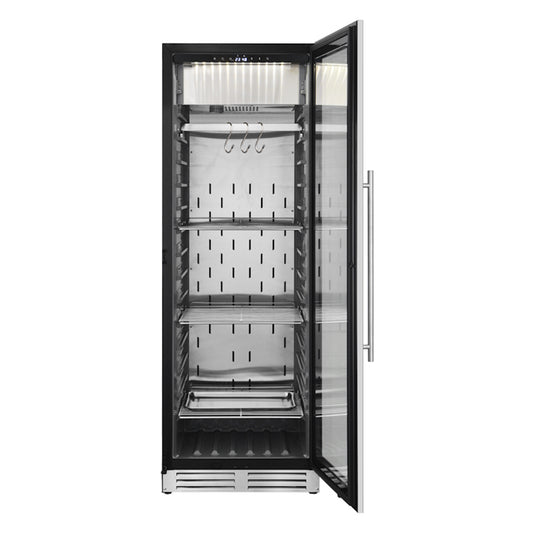 A black and silver refrigerator with precise temperature and humidity control for dry-aging steaks. Includes automatic water-adding feature for freshness.