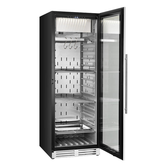 A black refrigerator with glass doors, perfect for dry-aging steaks. Precise temperature and humidity control for optimal flavor.