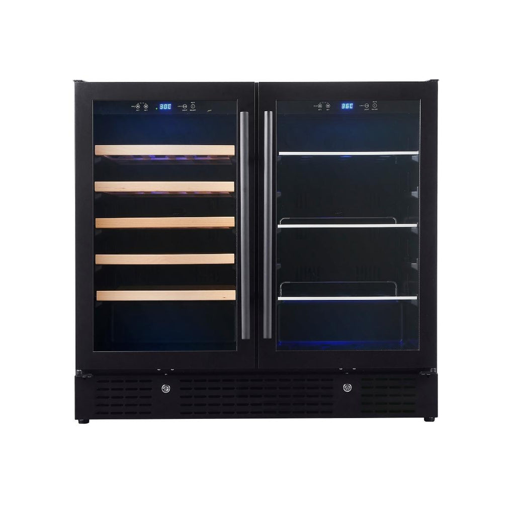 A black refrigerator with glass doors, perfect for under bench or counter storage. Dual zone cooling system for beer and wine. Low-E glass door minimizes condensation. 36