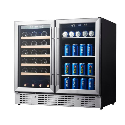 A beverage cooler with bottles and cans, perfect for under bench or counter storage. Dual zone cooling system for efficient temperature control. Low-E glass door minimizes condensation. Ideal for hosting guests or unwinding at home.