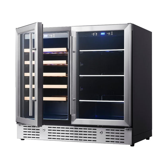 A close-up of a Kings Bottle 36" Dual Zone Beer & Wine Cooler Combination with Low-E Glass Door & Stainless Steel Trim, showcasing its efficient temperature control and optimal storage for beer and wine.