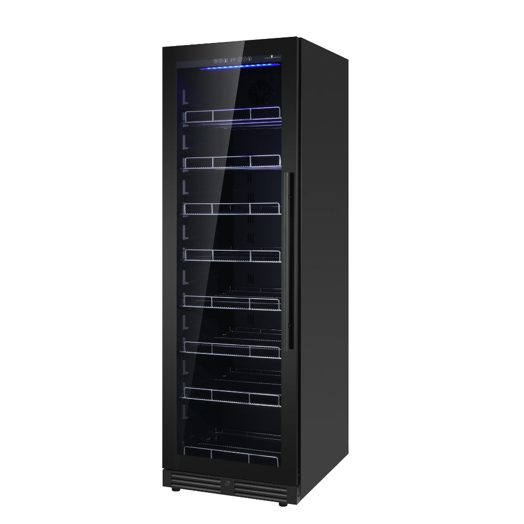 A black refrigerator with glass doors and adjustable shelves for maximum space utilization. Features low-E glass, inverter compressor, and 40% energy savings. Whisper-quiet operation.